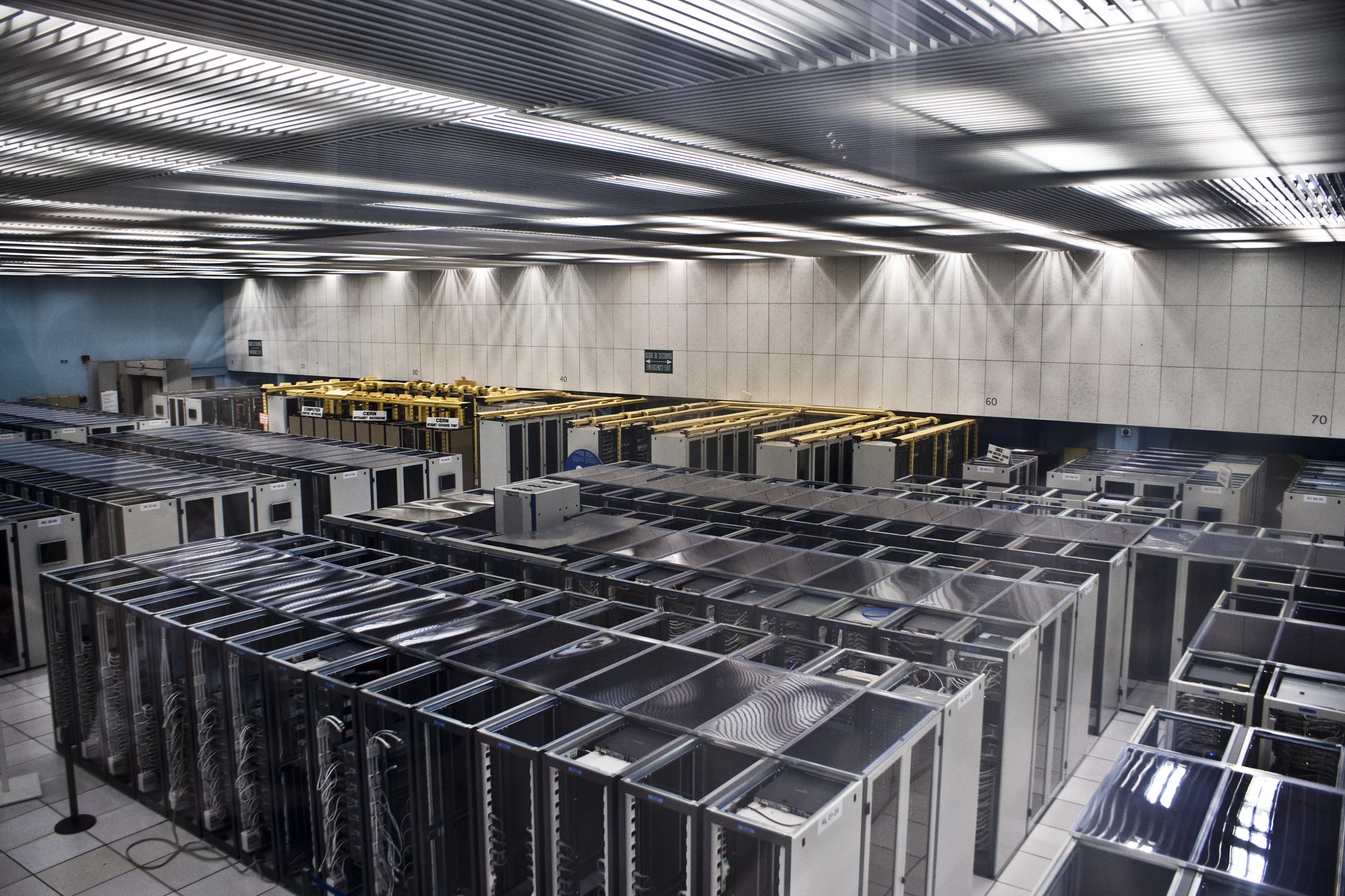 Racks of servers in a high performance computing hall