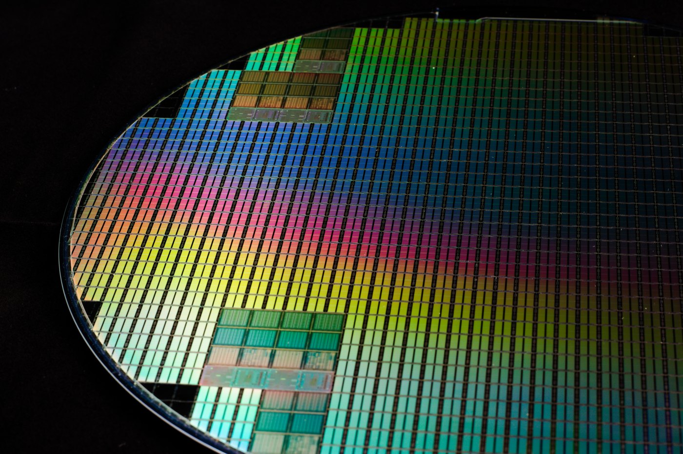 A silicon wafer patterned with integrated circuit dies