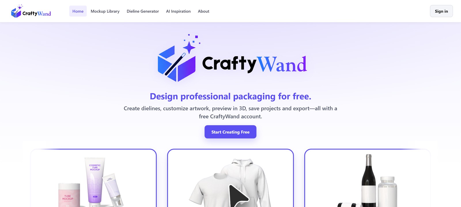 The CraftyWand studio home screen showing cosmetic tube, apparel and bottle mockups